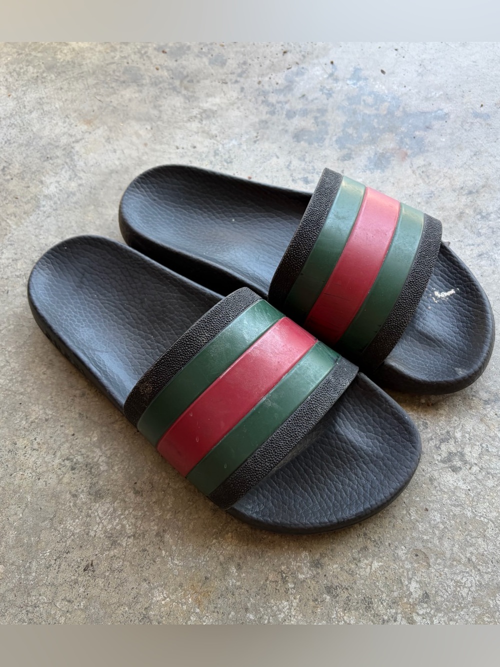 Gucci Black Slides with Green and Red Web Stripe